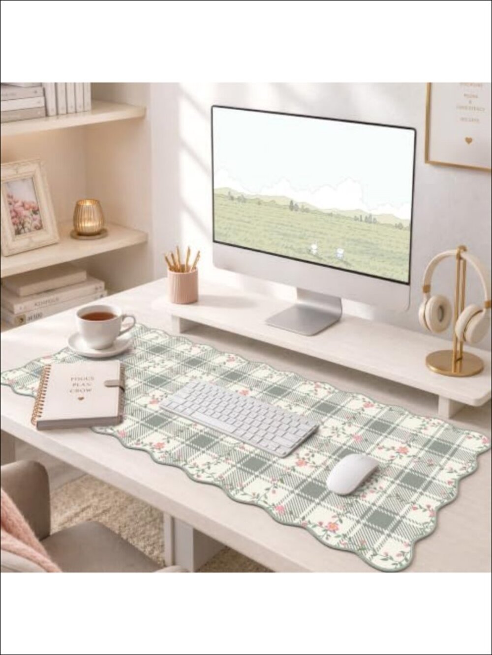 Large Leather Desk Mat Mouse Pad Stitched Edge Cottagecore Floral Office Work